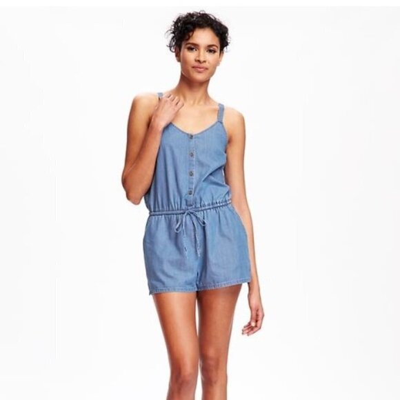 Old Navy Button Front V-Neck Sleeveless Chambray denim Romper - Picture 1 of 8